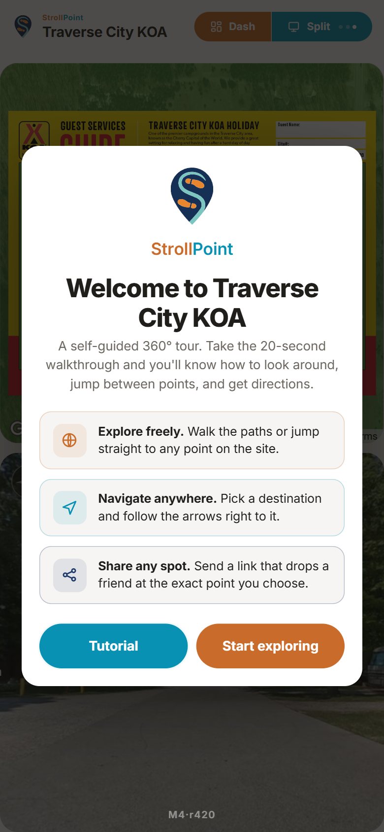 The tour welcome card: Explore freely, Navigate anywhere and Share any spot.