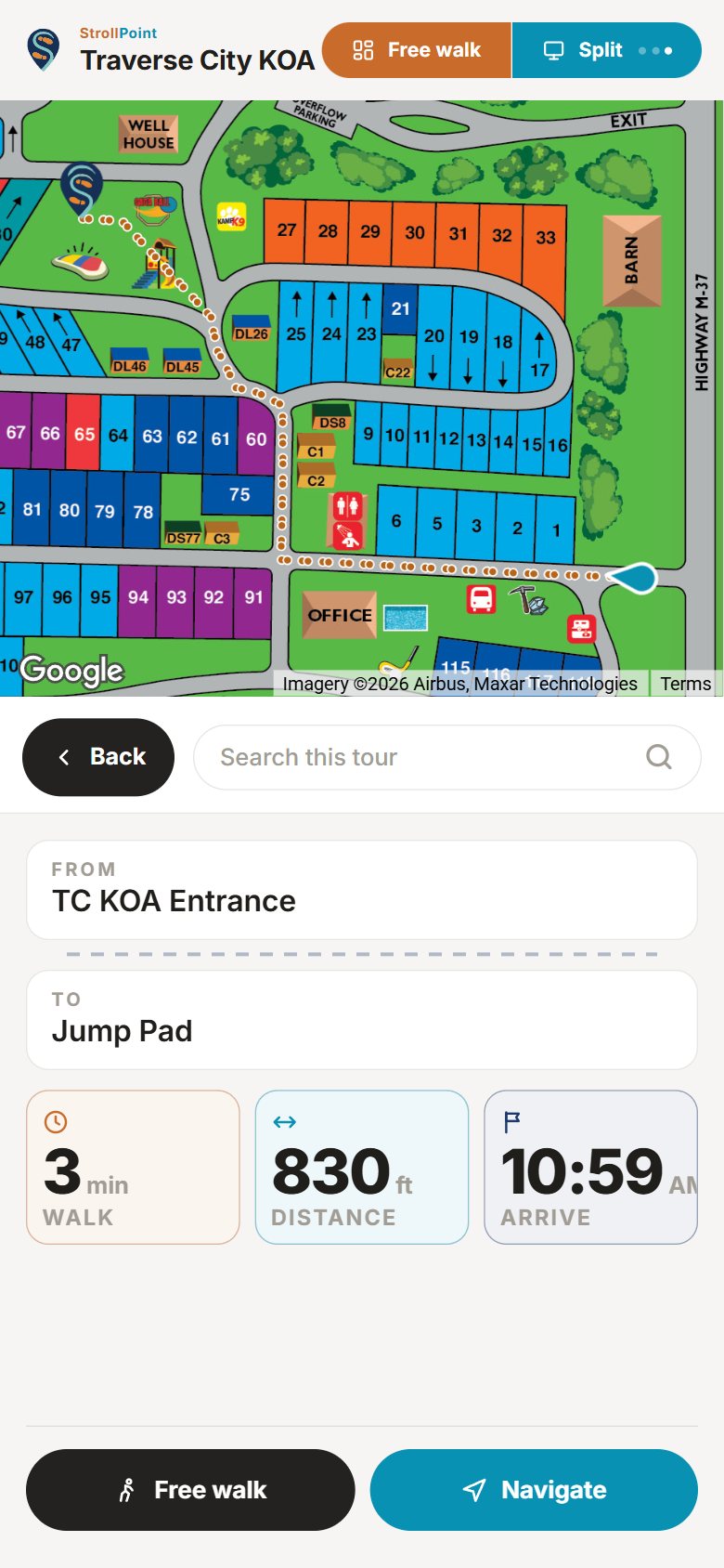 The route card: from TC KOA Entrance to Jump Pad, a 3 minute walk of 830 feet arriving at 10:59 AM, with the dotted route drawn on the property map.