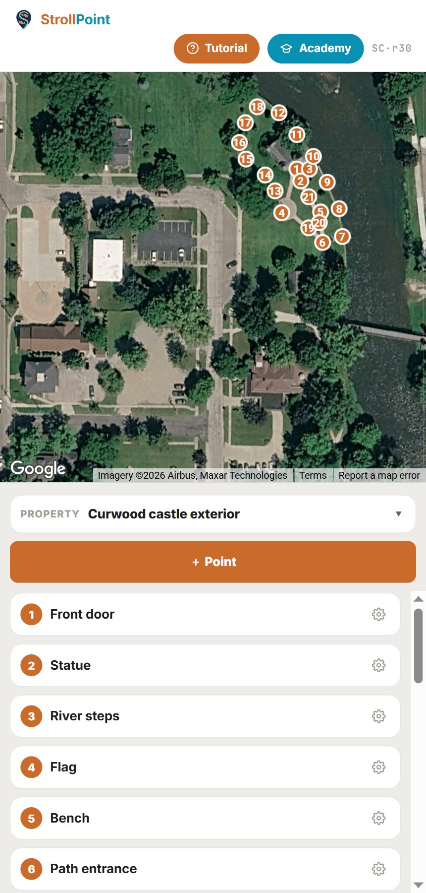 The scouting app: numbered photo points placed across a property on the satellite view, with the named point list below.