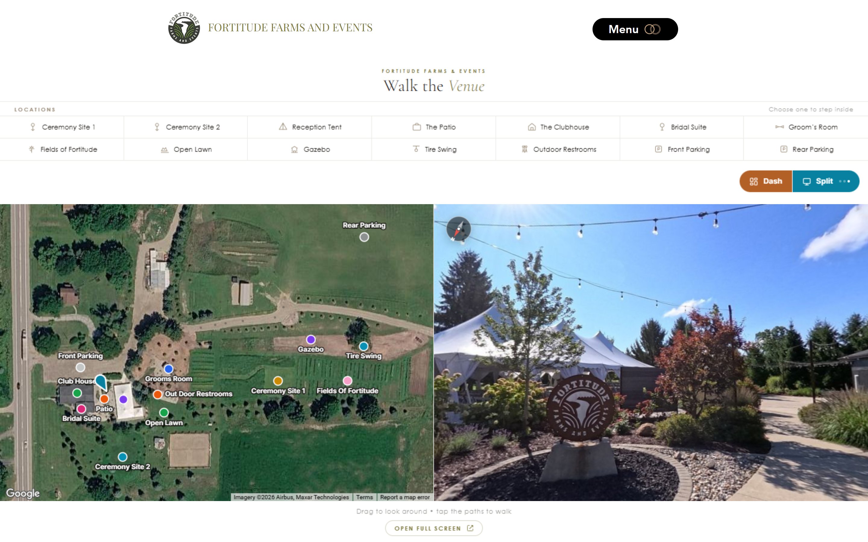 Walk the Venue on fortitudefarmsandevents.com, the tour inside their own website