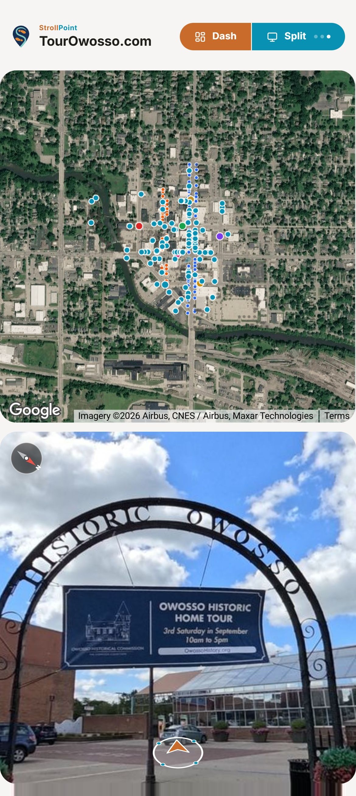 The downtown Owosso tour on a phone, opening on the Historic Owosso arch with every place on the map above it